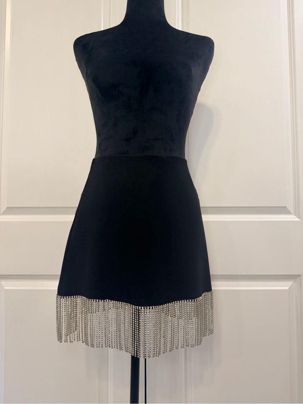 Gianni Bini Black Mini Skirt with Silver Rhinestone Fringe Size 2